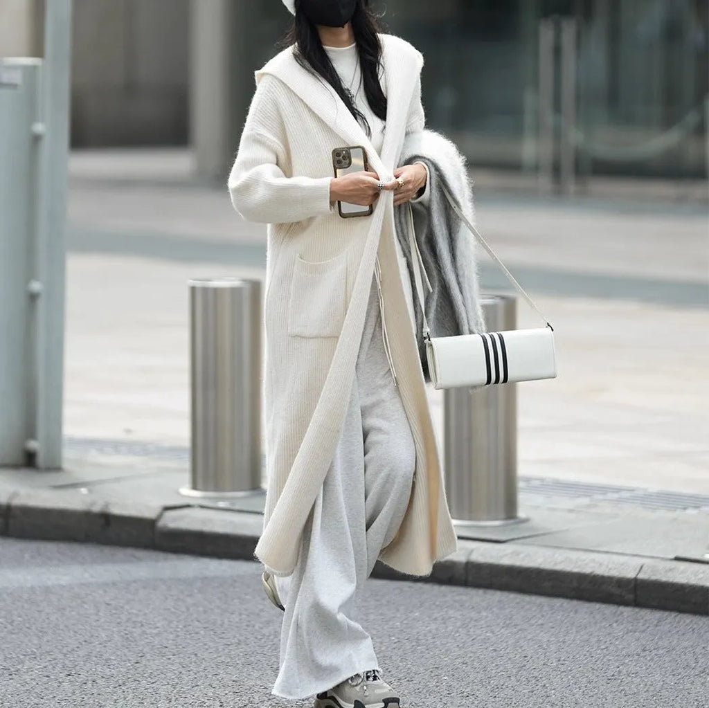 Long grey knitted cardigan coat with hood and trench coat design