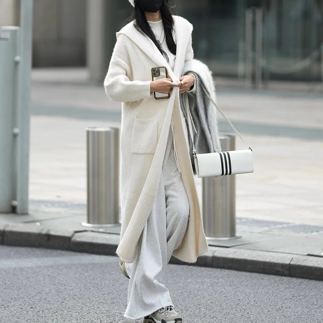 Long grey knitted cardigan coat with hood and trench coat design