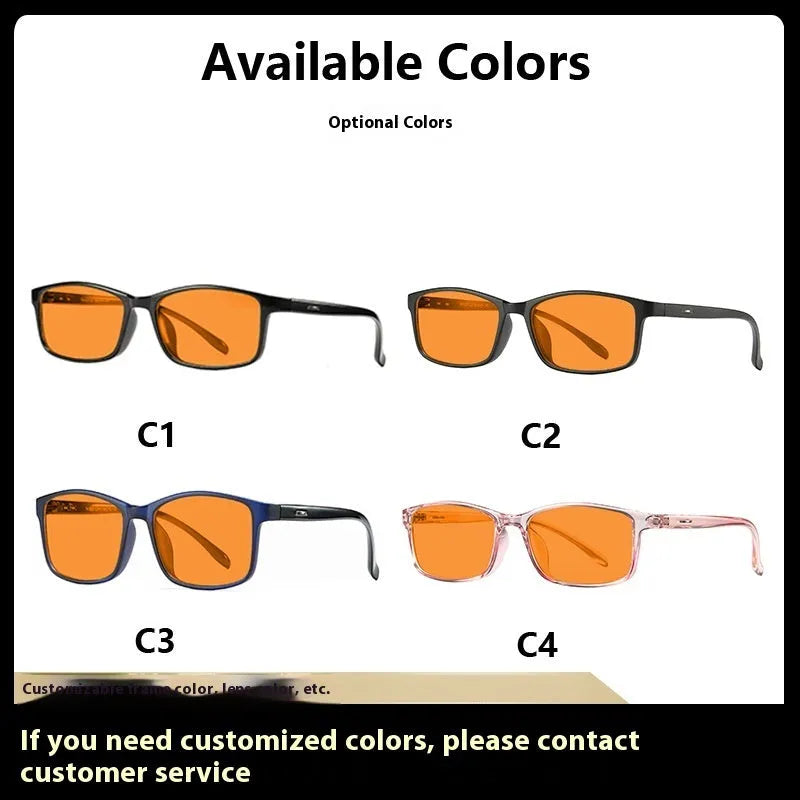 Orange lens anti-blue light glasses in a full rim frame, shown in one of four available colour options.