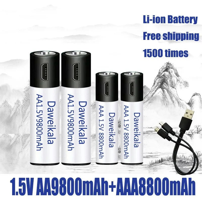 USB rechargeable AA AAA battery 1.5V with 1500 cycles and 9800mAh capacity