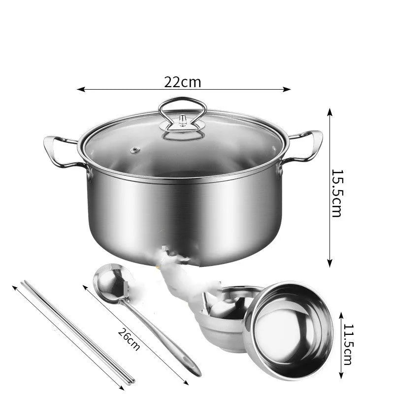 Six-piece stainless steel kitchen pot set with glass lid and tableware in colour box