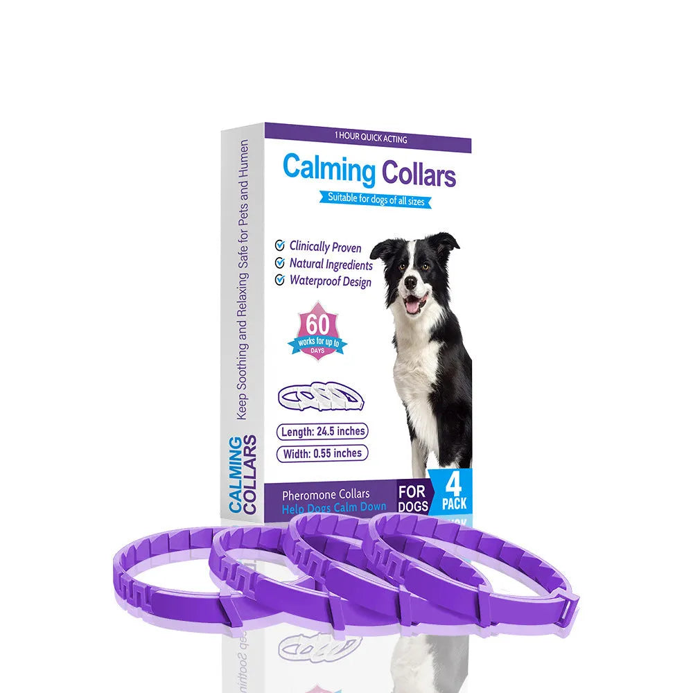 A pack of four solid-colour dog anxiety relief collars made from black, blue, grey, and pink TPR, each measuring 62cm.