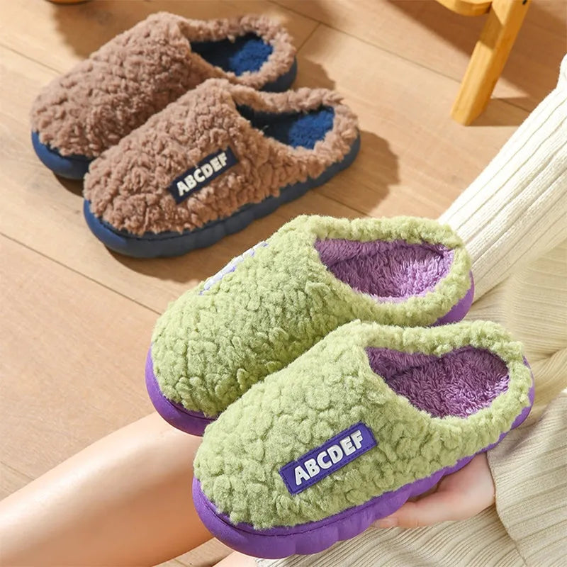 New Letter non-slip thick-soled fur slippers in beige with plush upper and PVC sole for indoor warmth