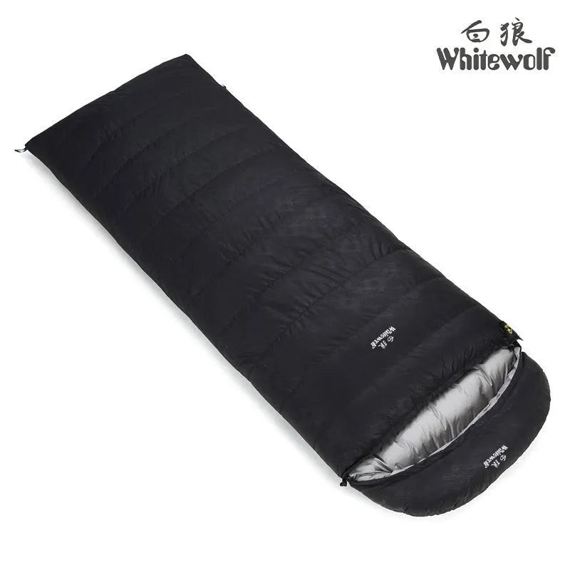 Black outdoor sleeping bag with white goose down filler and envelope structure design