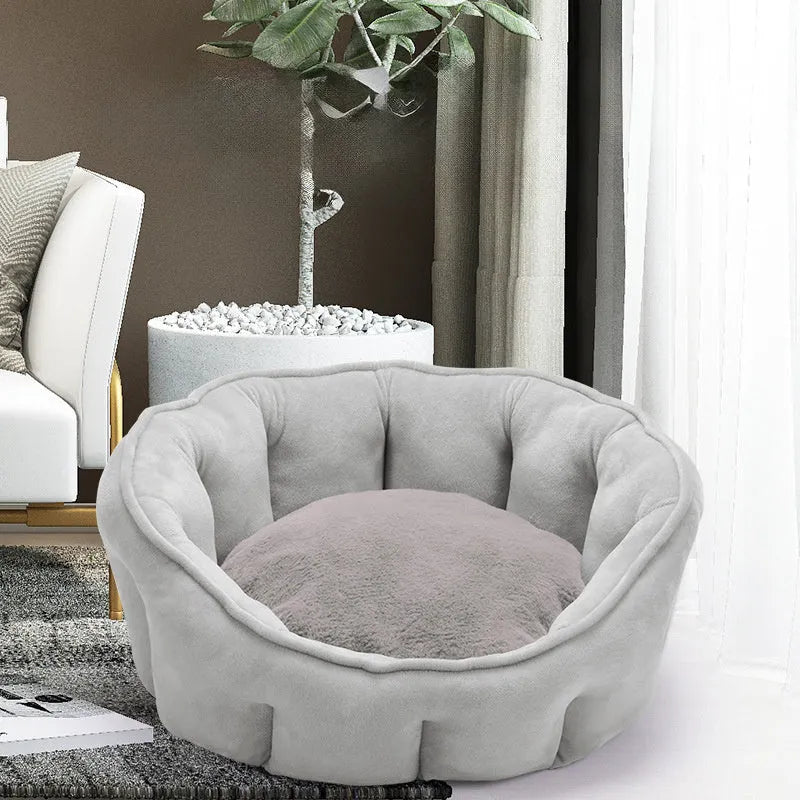 Grey plush cat kennel mat with integrated hammock and raised house structure