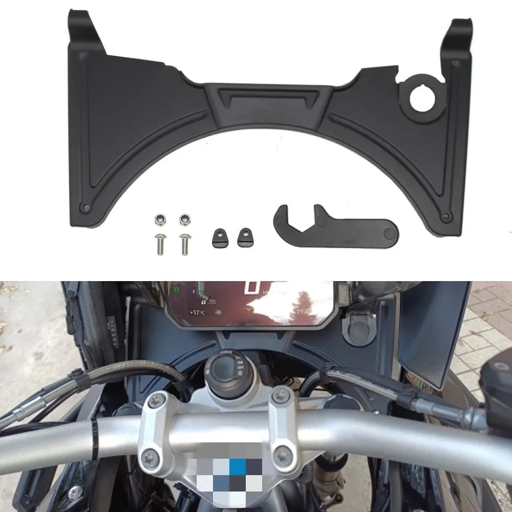 Matte black motorcycle cockpit fairing for BMW R1250GS and R1200GS models, showing mounting points.