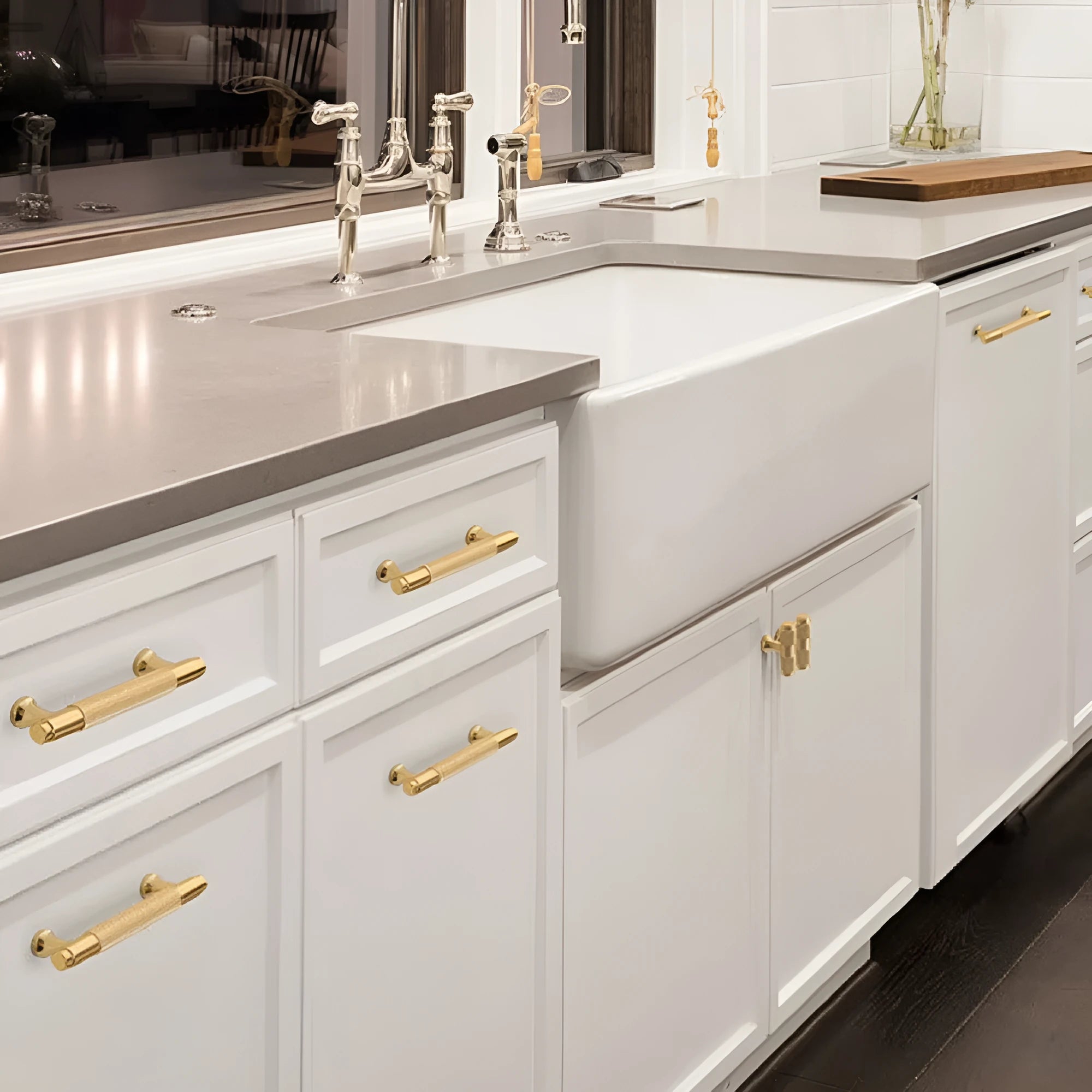 Brushed brass aluminium wardrobe handle with visible mounting holes for cabinet furniture.