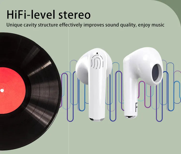 White wireless Bluetooth earphones and matching charging case with 32GB storage on a grey background.