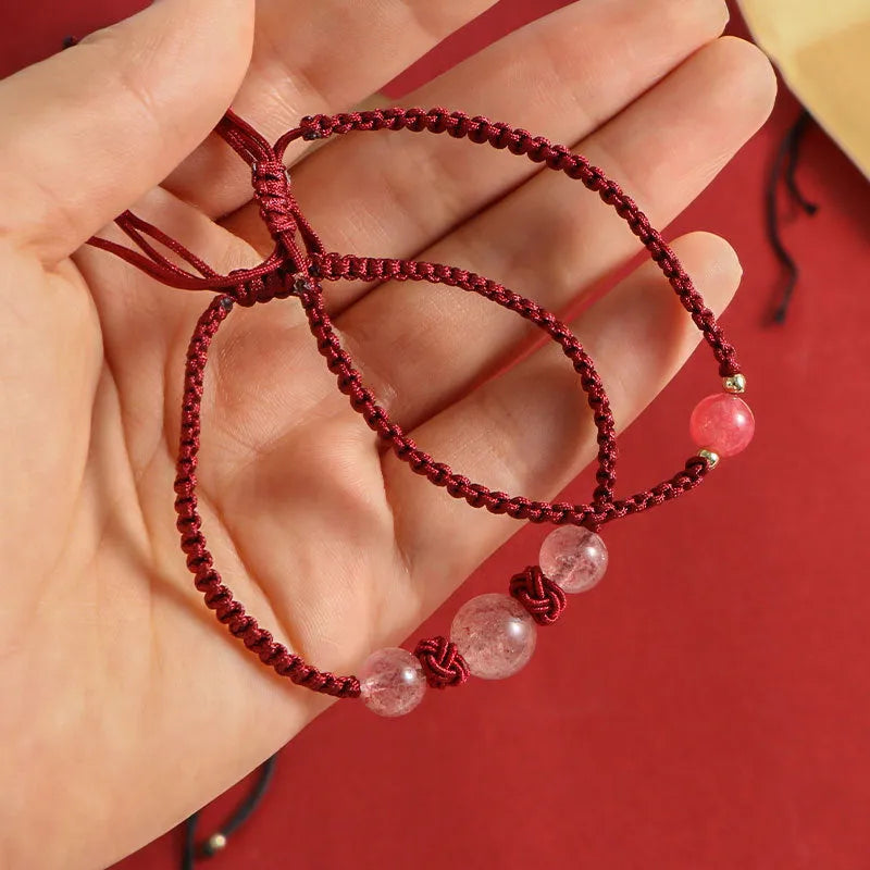 Woven red rope bracelet with strawberry quartz beads and alloy clasp in obsidian black and red styles