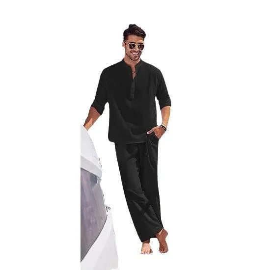 Men's cotton casual suit with long sleeves and trousers in solid colours for spring and autumn leisure wear