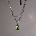 Green electroplated stainless steel multi-layer necklace with square brick geometry pendant and artificial crystal, adjustable 21-50cm chain