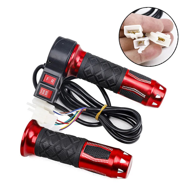 Three-speed rotating accelerator handle for electric three-wheel car modification, with integrated speaker, in red plastic finish.