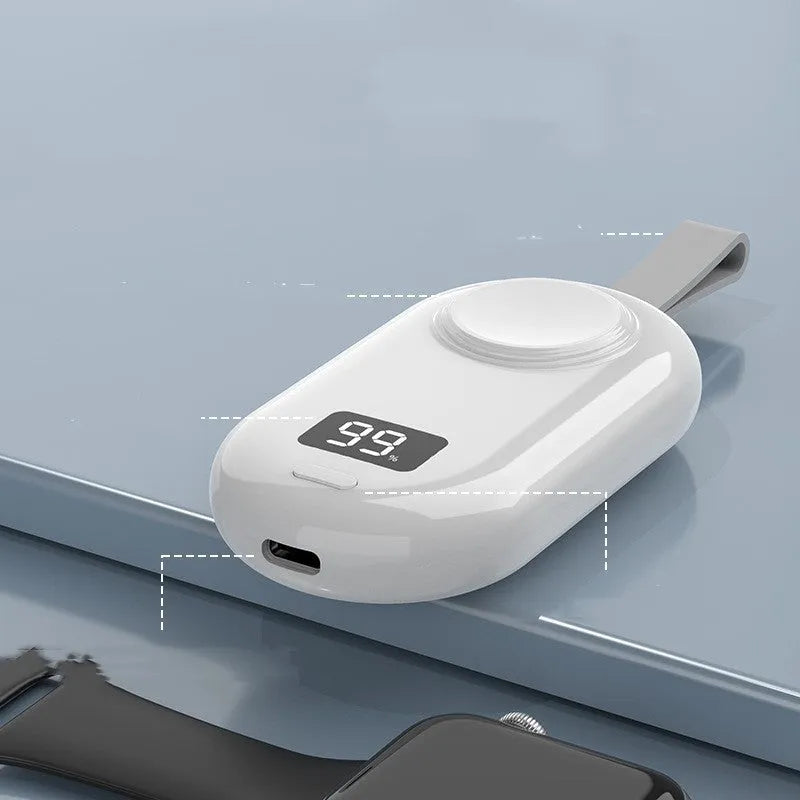Black and white plastic wireless power bank for V5 watch charging with Type-C port.