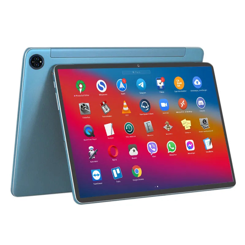 10-inch bare metal blue tablet with leather keyboard case on a desk