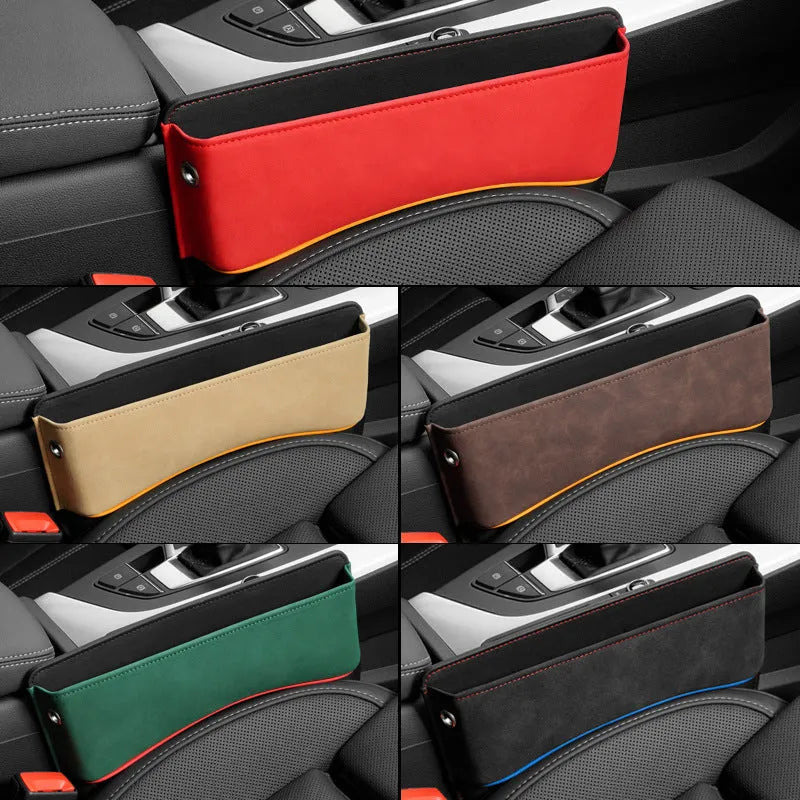 Leather car seat storage box with suede finish in beige, black, brown, green, or red.