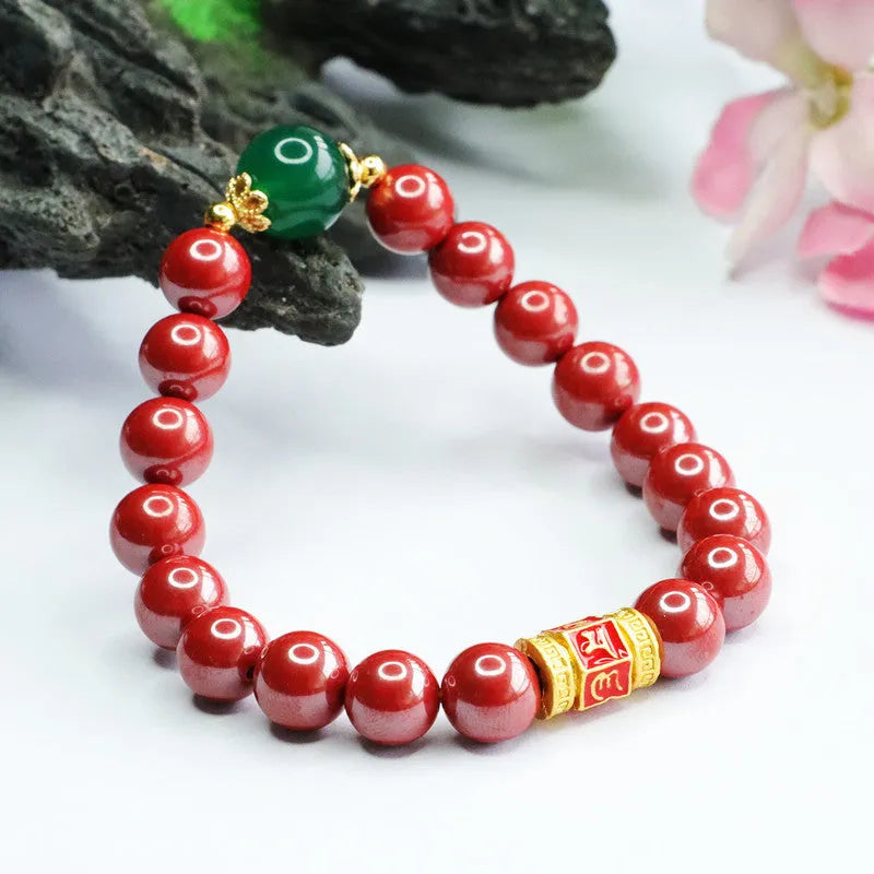 Emperor Sandstone colour cinnabar bracelet with 8mm beads and a six words motto charm.