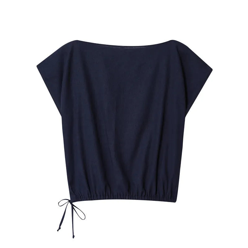 Women's linen-blend two-piece clothing set with a flounce-sleeve top and wide-leg trousers.