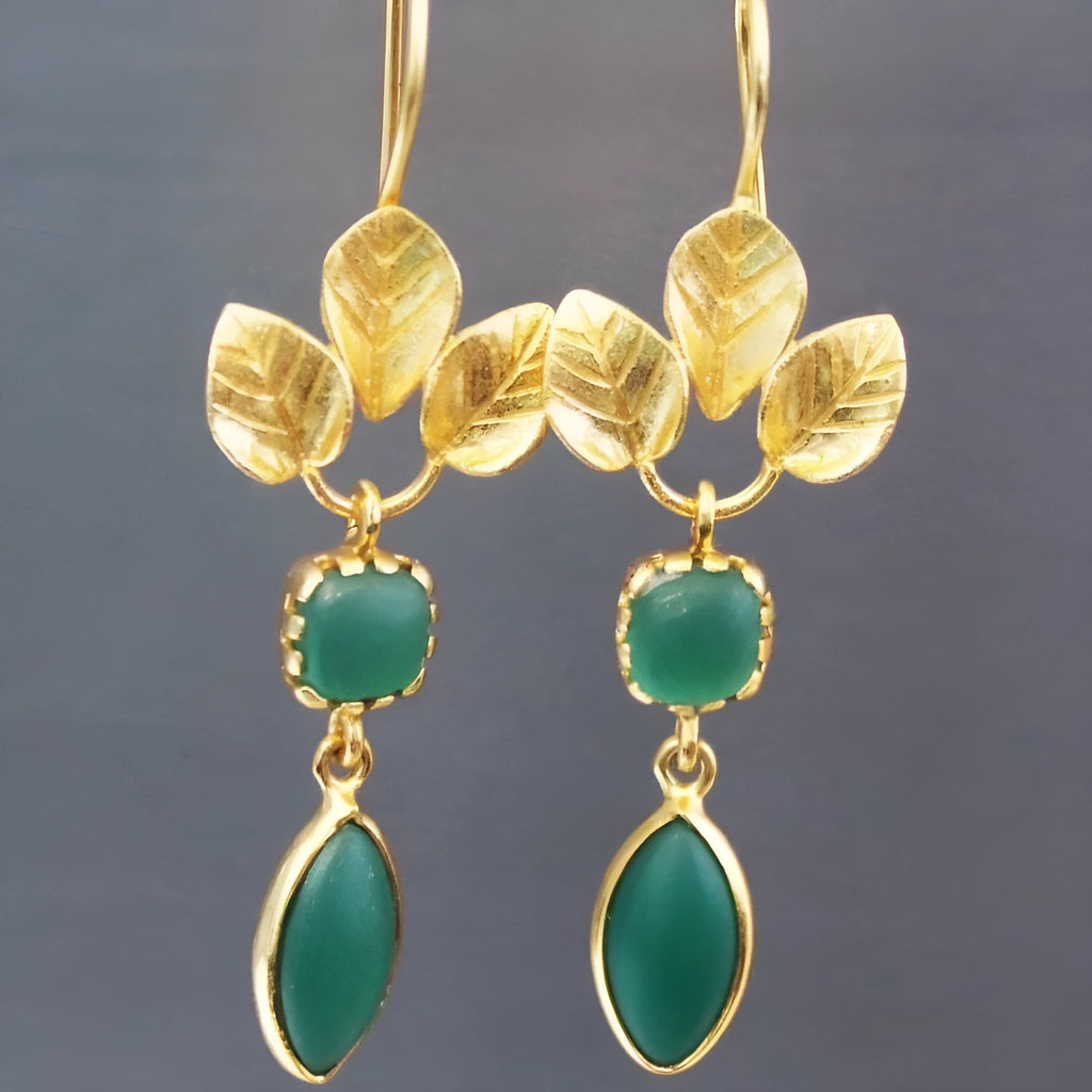 Gold retro drop-shaped earrings with French leaves, zircon stones, and delicate tassels.