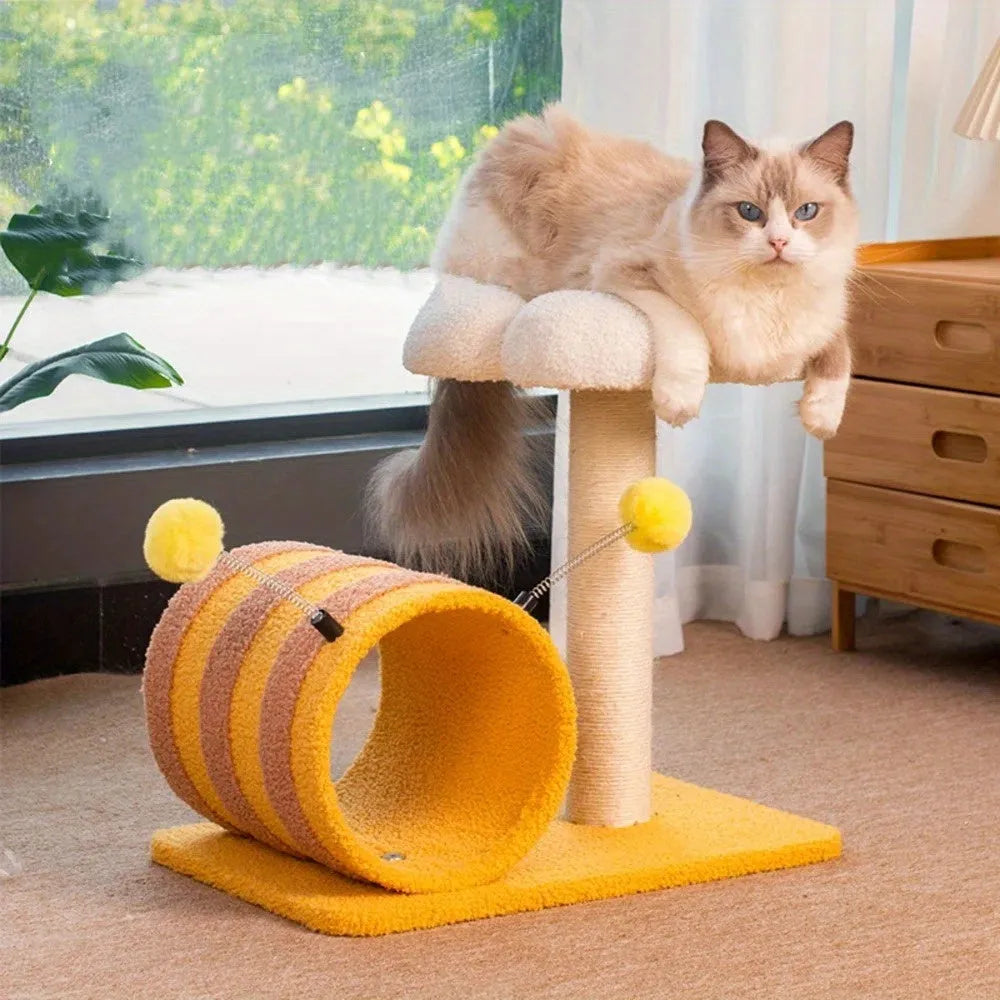 Yellow bee-shaped cat climbing frame with sisal scratching board and fabric tunnel