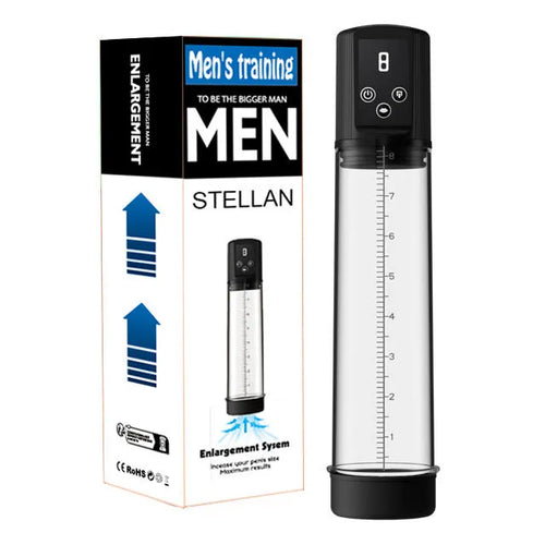Electric pump unit for a male training masturbation device made from black ABS and TPE materials.