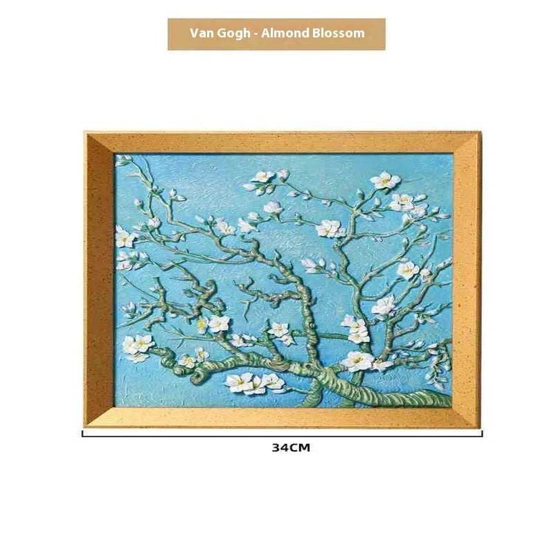 DIY hand drawn oil painting kit showing epoxy pottery base, propylene paints, brushes, and a completed framed Van Gogh 'Starry Night' example.