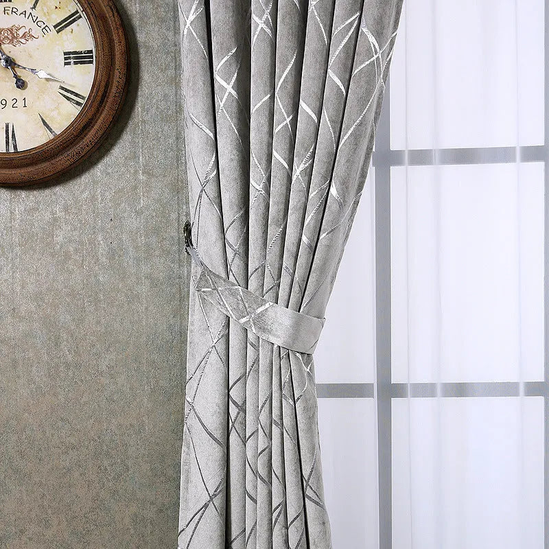 Modern minimalist chenille blackout curtain in water cube grey colour, jacquard woven texture