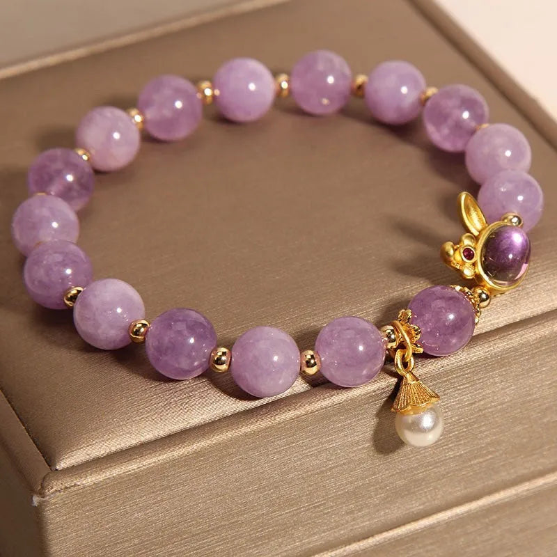 Natural mauve jade crystal rabbit bracelet with purplish red hare head pendant