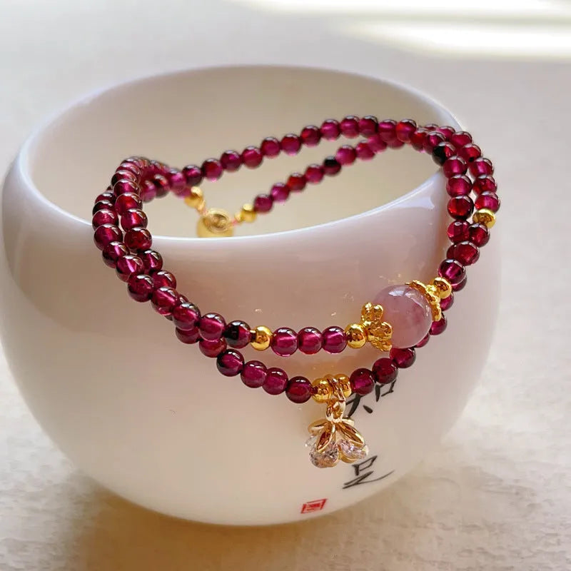 Handmade natural garnet double ring bracelet for women in deep red H311 colour