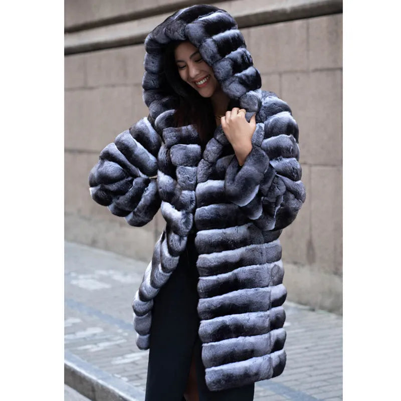 Women's zebra stripe faux fur overcoat with artificial mink hair fabric, mid-length design