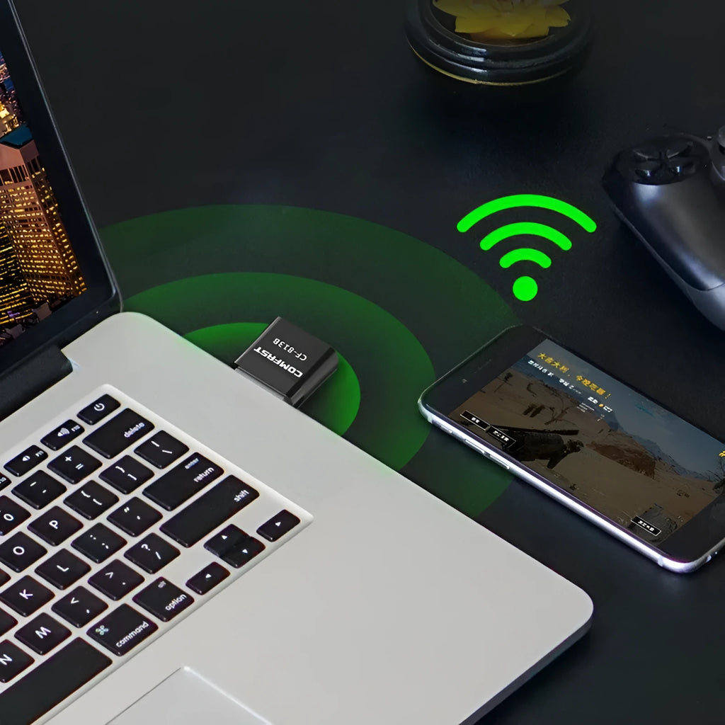 Black mini USB Bluetooth and wireless network adapter with nickel-plated connector