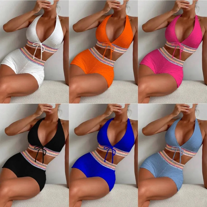 Women's high waist bikini suit in polyester fabric with top and bottom components