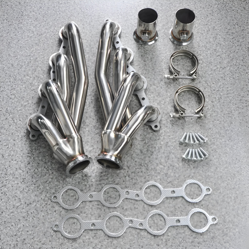 Silver 304 stainless steel modified exhaust manifold for Chevrolet LS1 LS2 LS3 LS6 engines.
