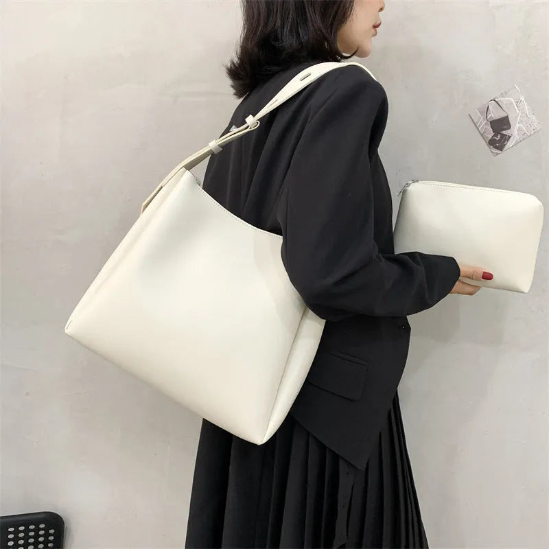Women's large PU leather shoulder bag set with small bag in five colours white black khaki dark brown brown