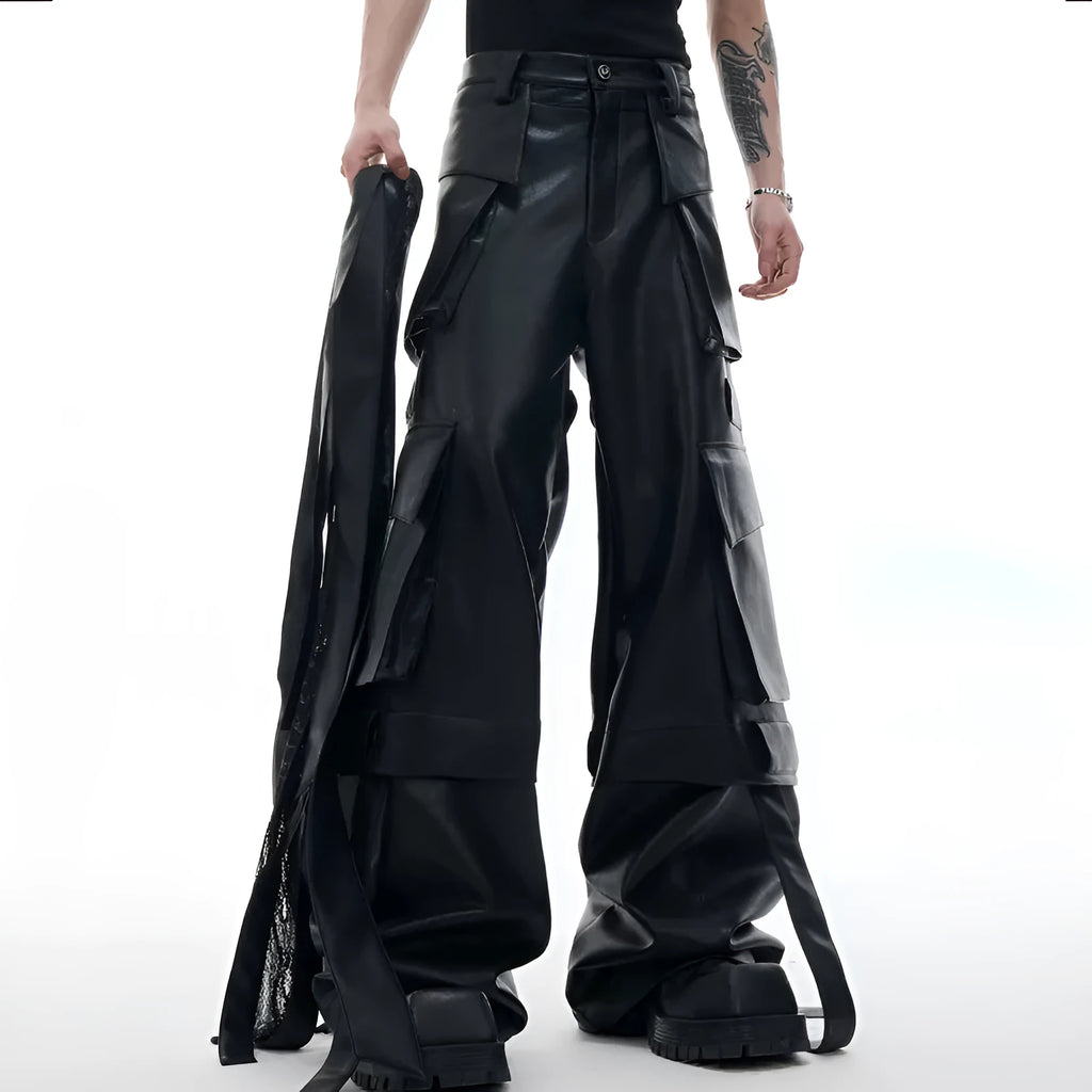 Black loose-fit trousers with a quilted pattern and multiple pockets on a mannequin.
