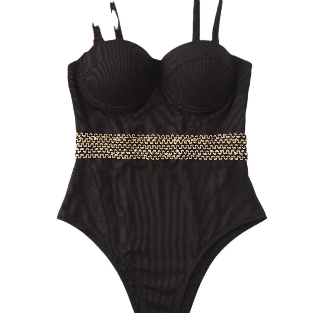 Black women's one-piece swimsuit with adjustable shoulder straps on size chart