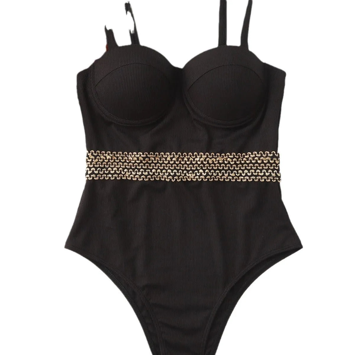 Black women's one-piece swimsuit with adjustable shoulder straps on size chart