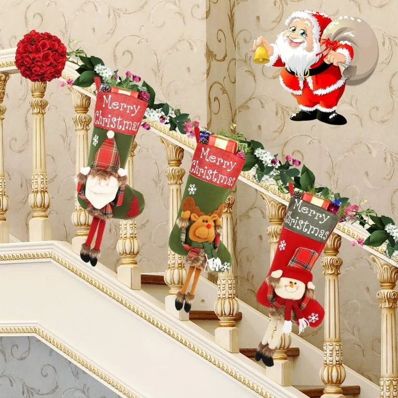 Set of three large red, white, and brown Christmas stockings featuring Santa, Snowman, and Reindeer 3D designs.