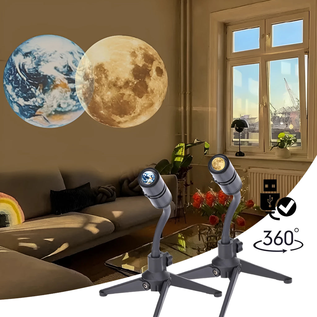 Adjustable Earth and Moon projection lamp with USB cable on a rotating bracket.