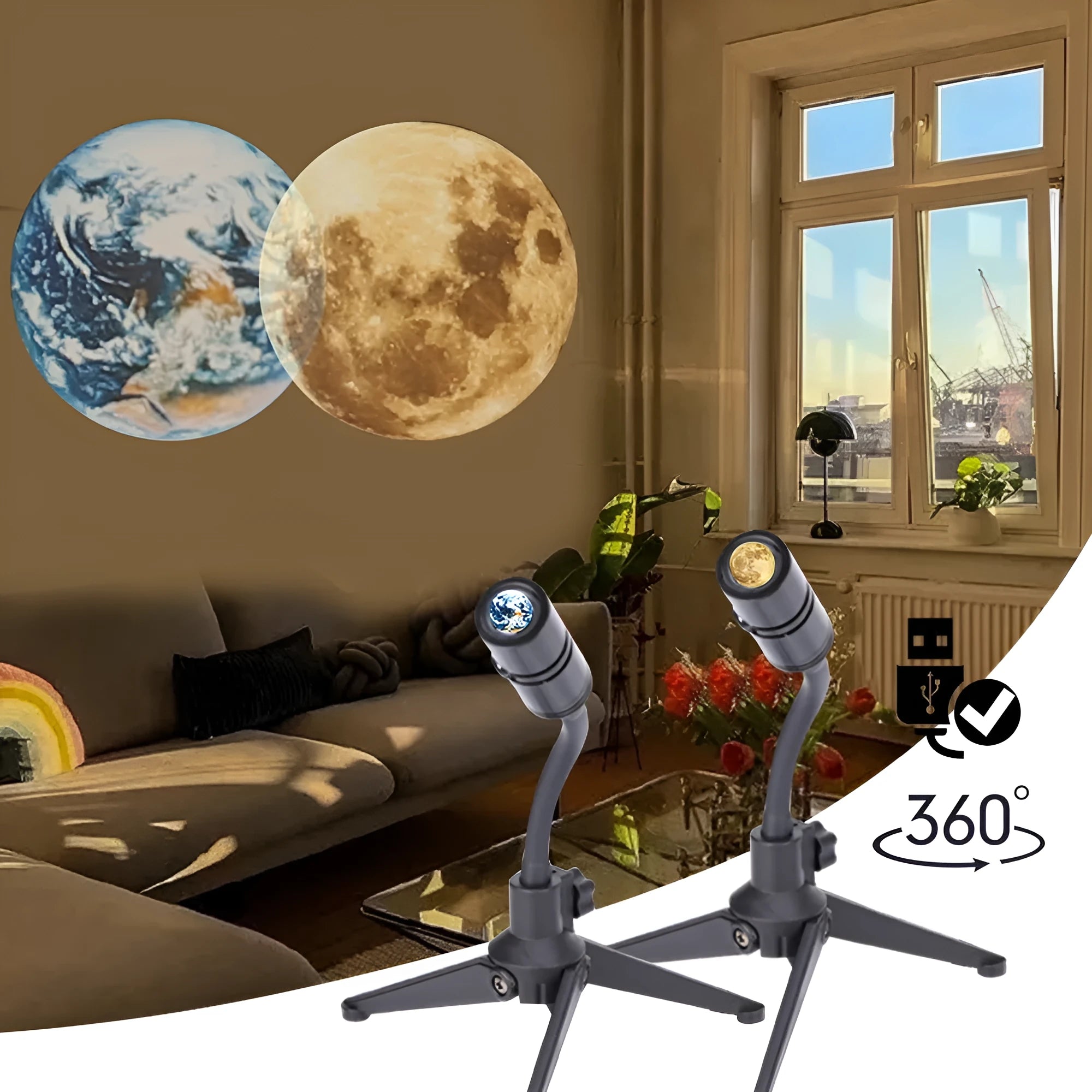 Adjustable Earth and Moon projection lamp with USB cable on a rotating bracket.