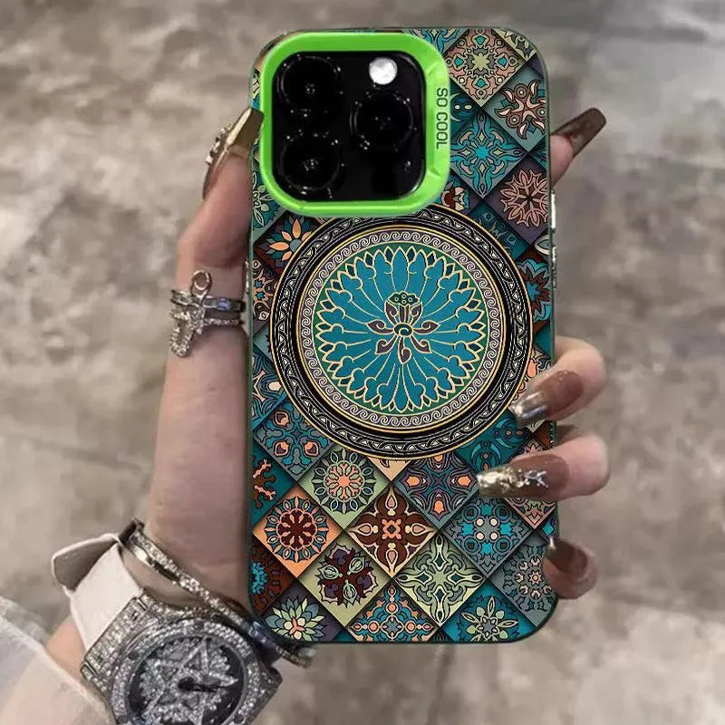 Ethnic pattern hard PC phone case for iPhone with matte anti-slip finish in silver colour
