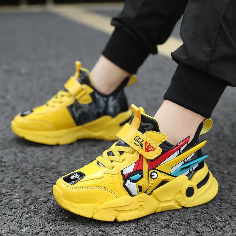 Children's leather-look running shoes with Velcro straps in yellow, black-red, and blue colour options