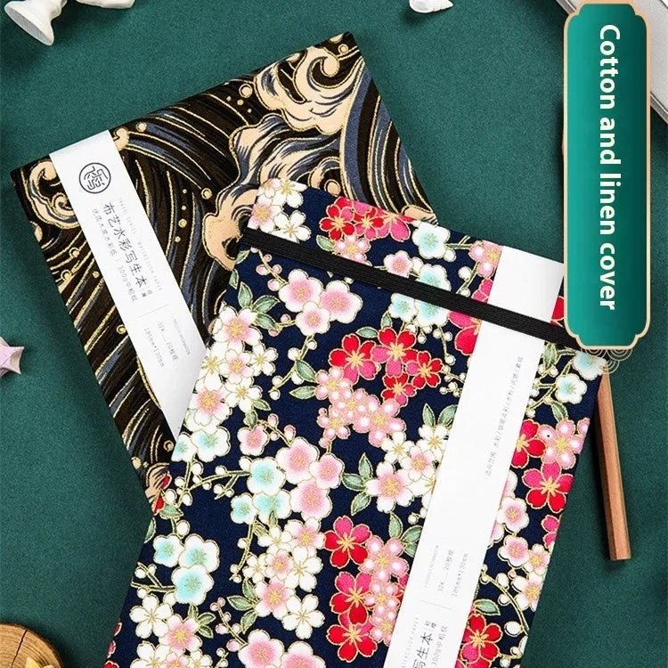Feiluniao handmade fabric watercolour notebook open showing a painted sketch, with pine green cover.