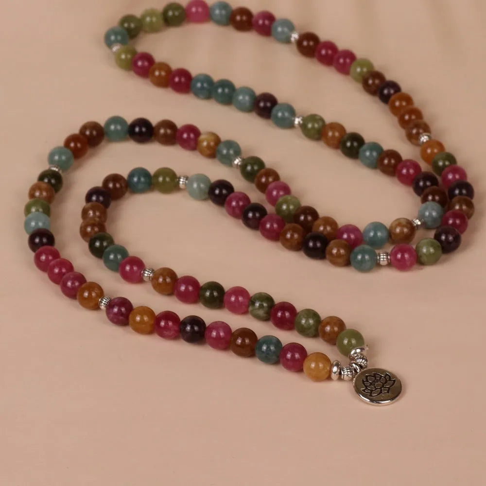 108-bead multi-layer bracelet with tourmaline stones and lotus charm on alloy chain