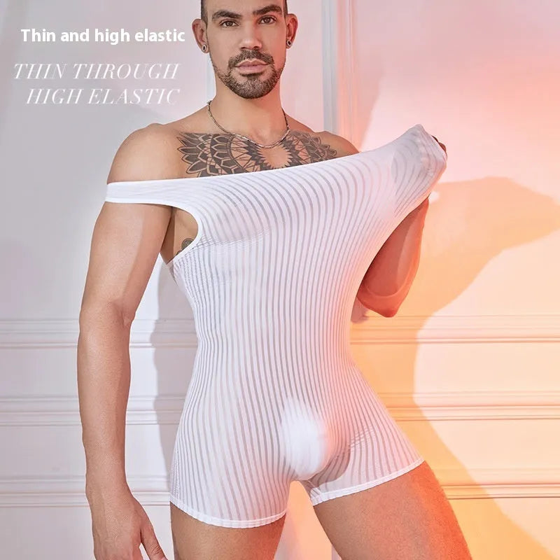 Men's striped nylon jumpsuit in black with vertical bars, free size