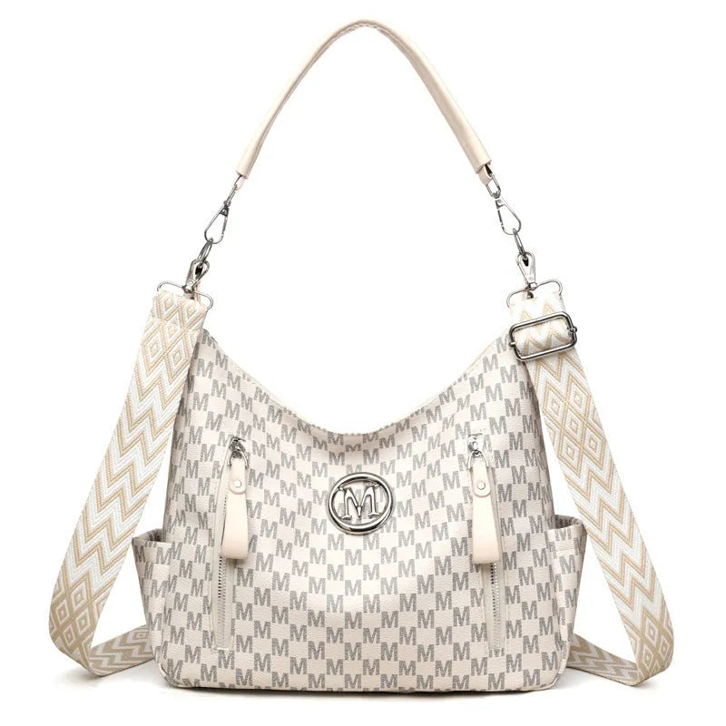 Retro simple printed shoulder messenger bag in milky white colour with double connector strap