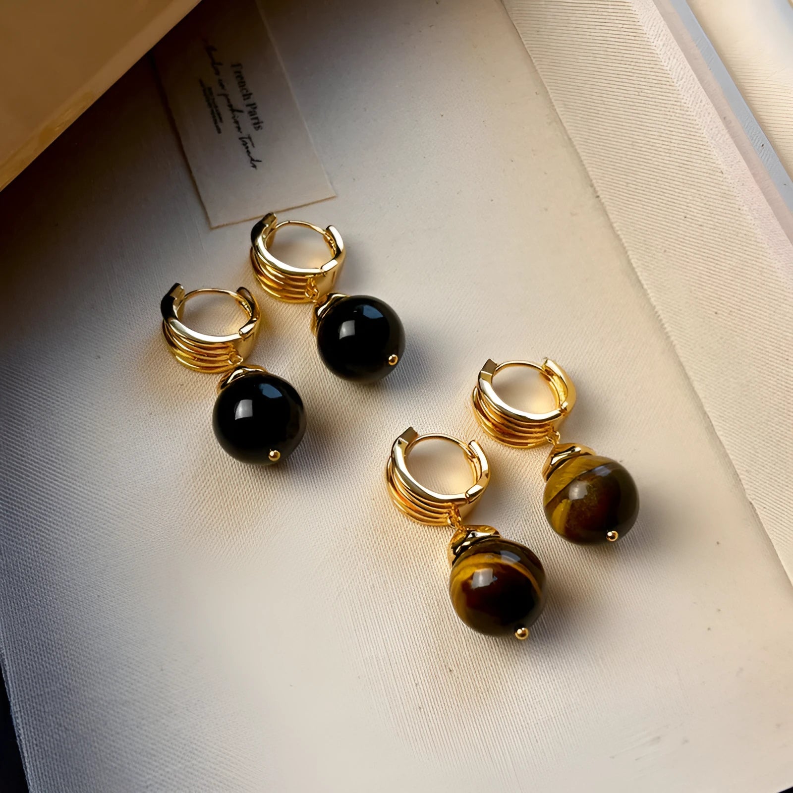 Gold plated tiger's eye geometric earrings in French retro style