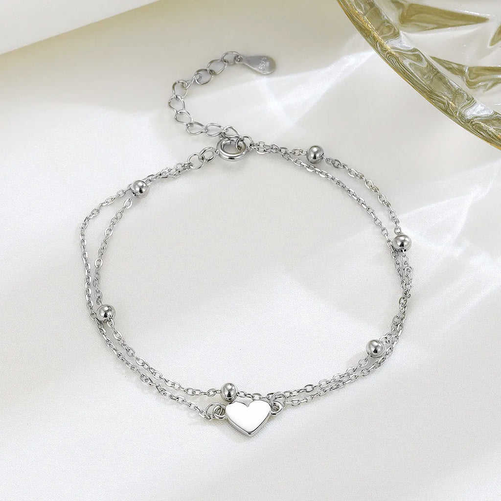 S925 sterling silver heart double-layer bracelet for women simple style electroplated finish