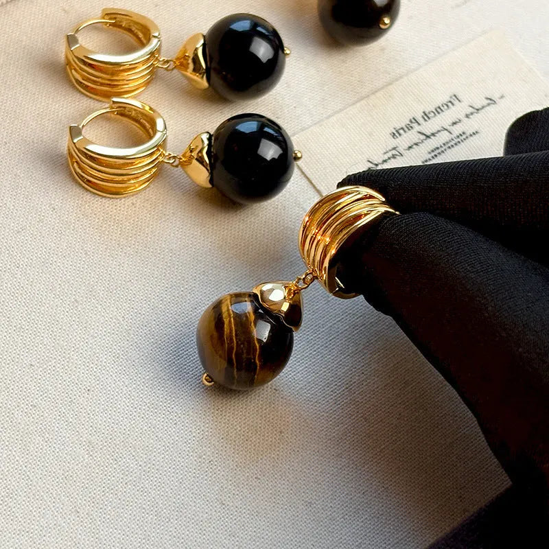 Gold plated tiger's eye geometric earrings in French retro style