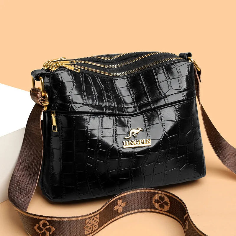 Brown PU leather cross body messenger bag with multiple compartments and sandwich pockets
