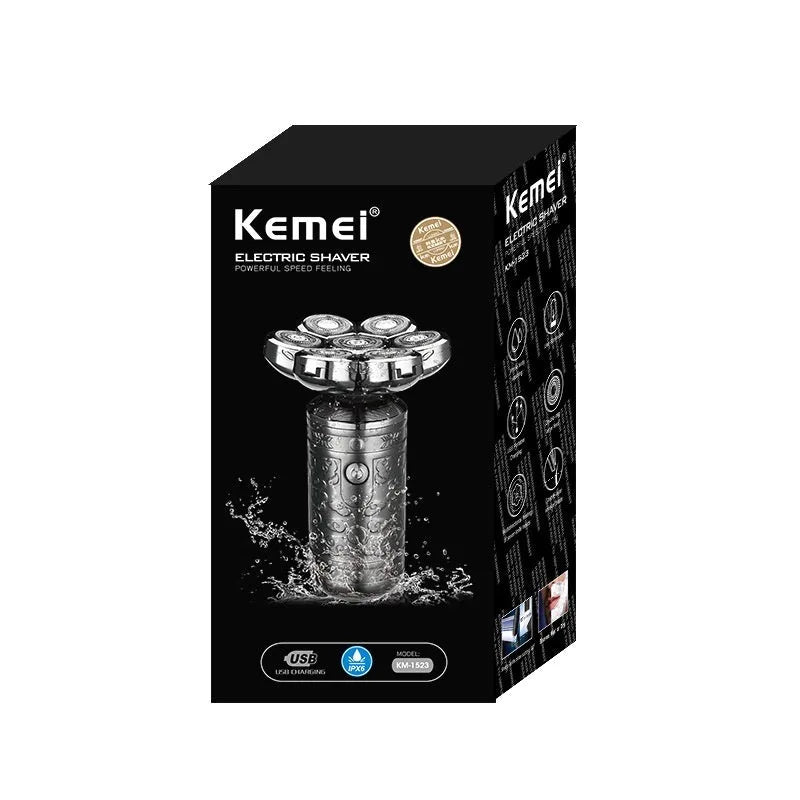 Silver black electric shaver with floating cutter head and USB cable on white background